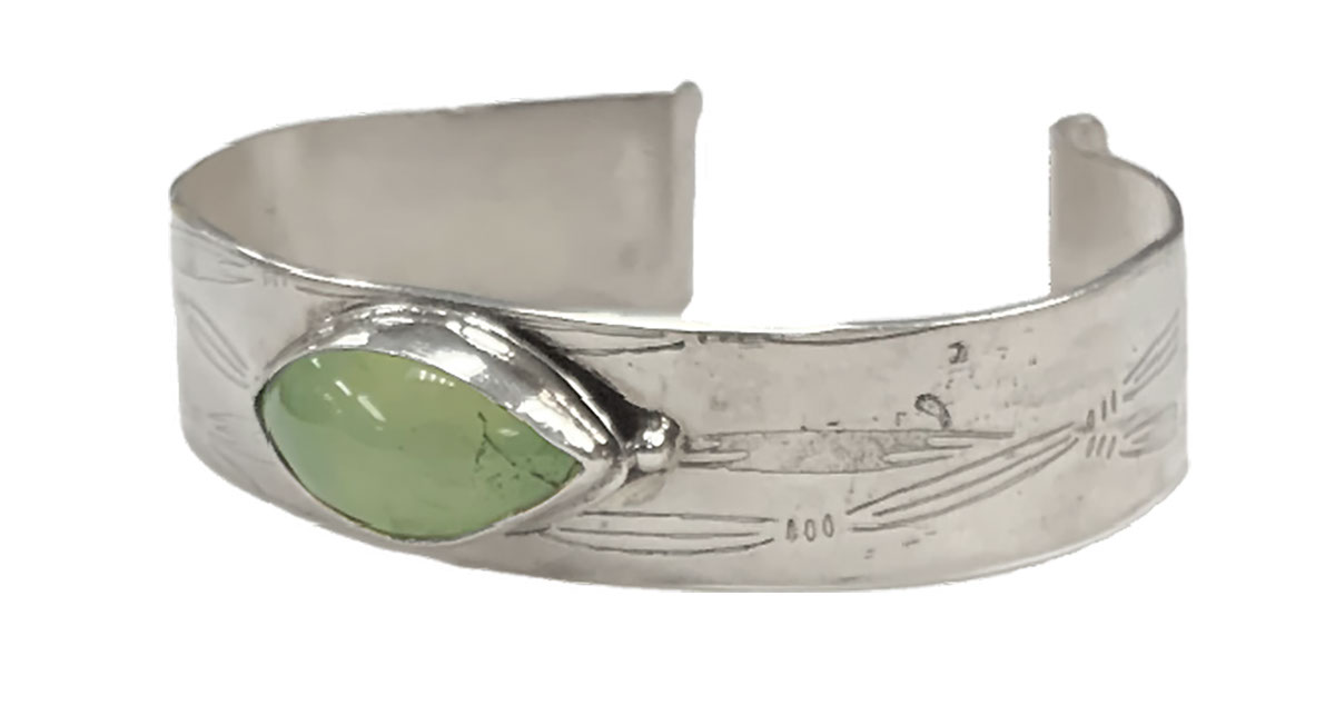 MONIQUE SELWITZ - PREHNITE & ETCHED SILVER CUFF - STERLING & GEMSTONE