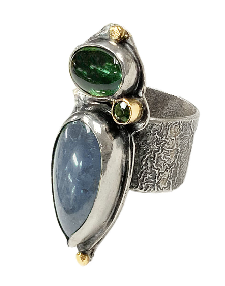 MONIQUE SELWITZ - KYANITE, GREEN TOURMALINE, LOLITE RING W/ 18K ACCENTS - STERLING & GEMSTONE - SIZE 7.5