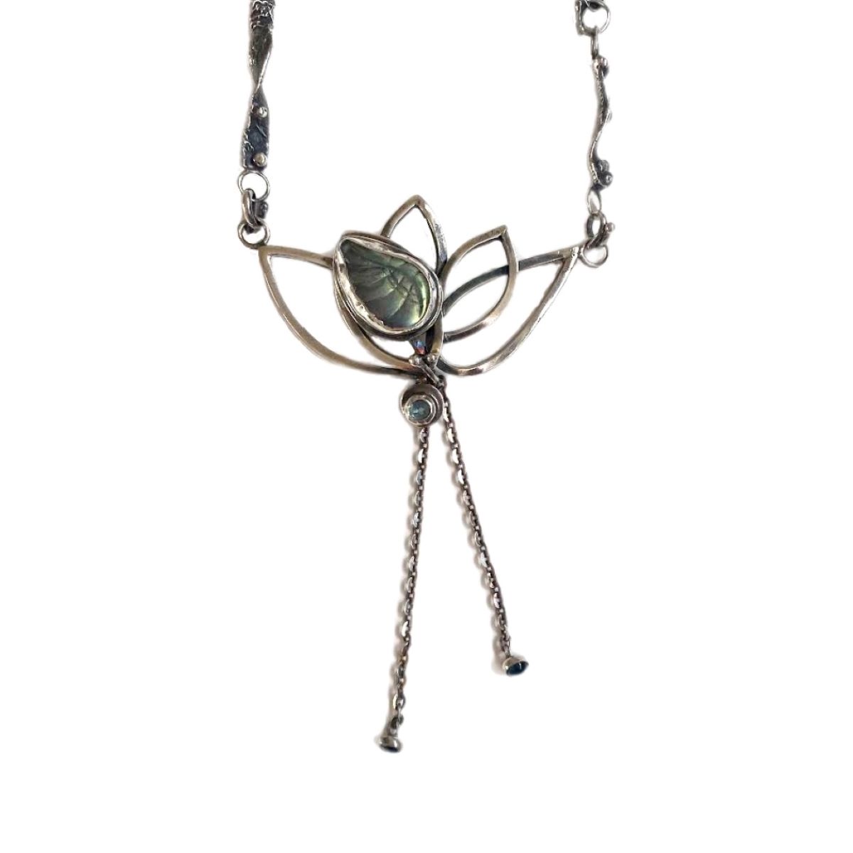 MONIQUE SELWITZ - LOTUS PENDANT NECKLACE - STERLING & GEMSTONE - STERLING SILVER, LABRADORITE & SWISS BLUE TOPAZ