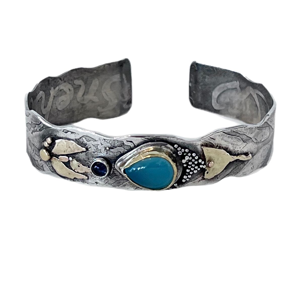 MONIQUE SELWITZ - PARAIBA CHALCEDONY NARROW CUFF MONIQUE SELWITZ - PARAIBA CHALCEDONY NARROW CUFF - STERLING & GEMSTONE - ETCHED INSIDE: <br>SNEHA: LOVE/AFFECTION <br>AHIMSA: NON-VIOLENCE <br>SATYA: TRUTH