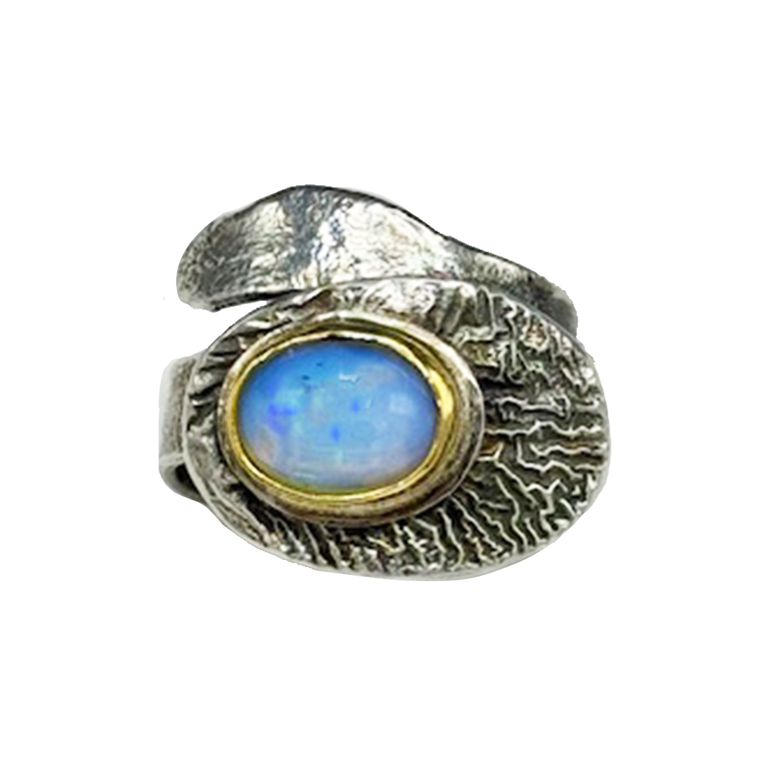 MONIQUE SELWITZ - STERLING SILVER ADJUSTABLE RING W/ BLUE ETHIOPIAN OPAN SET IN 22K GOLD - STERLING & GEMSTONE