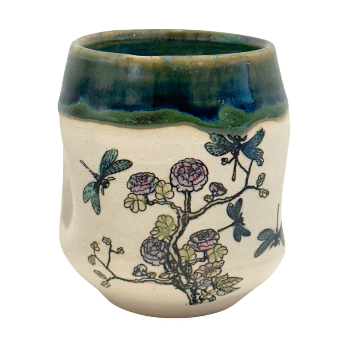 MAGIE SMITH-FLEISHER - DRAGONFLY & FLOWER CUP / VASE - CERAMIC - 3 X 3.25 X 3