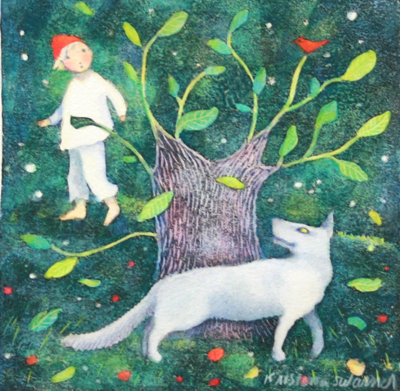 KRISTINA SWARNER - PETER AND THE WOLF - MIXED MEDIA ON PAPER - 6 X 6