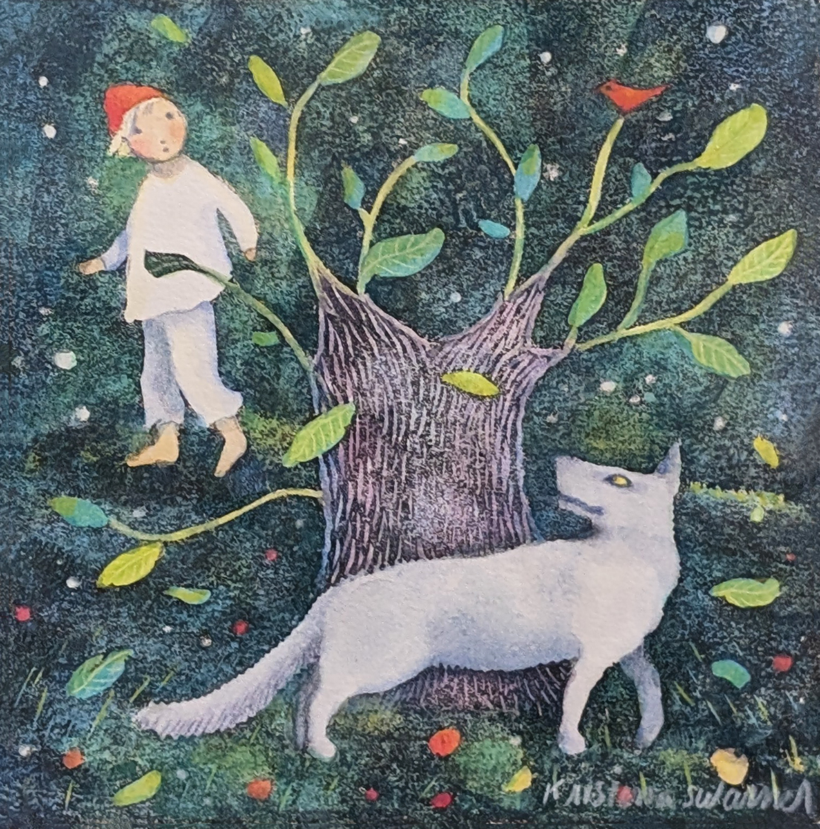 KRISTINA SWARNER - PETER AND THE WOLF - MIXED MEDIA ON PAPER - 6 X 6