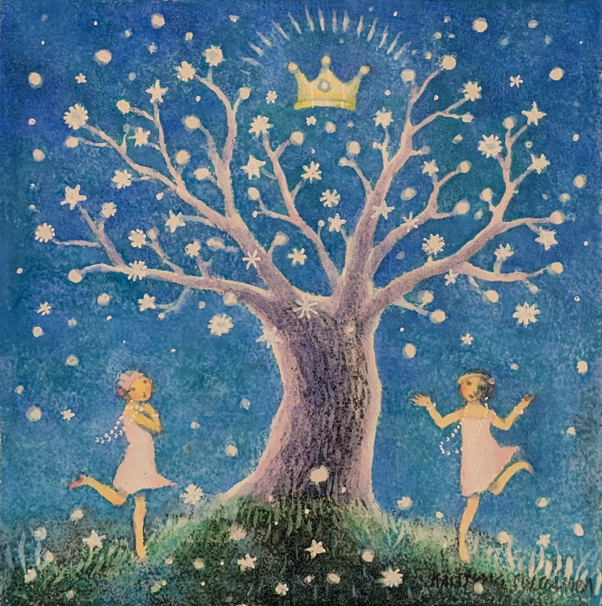 KRISTINA SWARNER - GIRLS DANCING UNDER TREE - MIXED MEDIA ON PAPER - 6 X 6