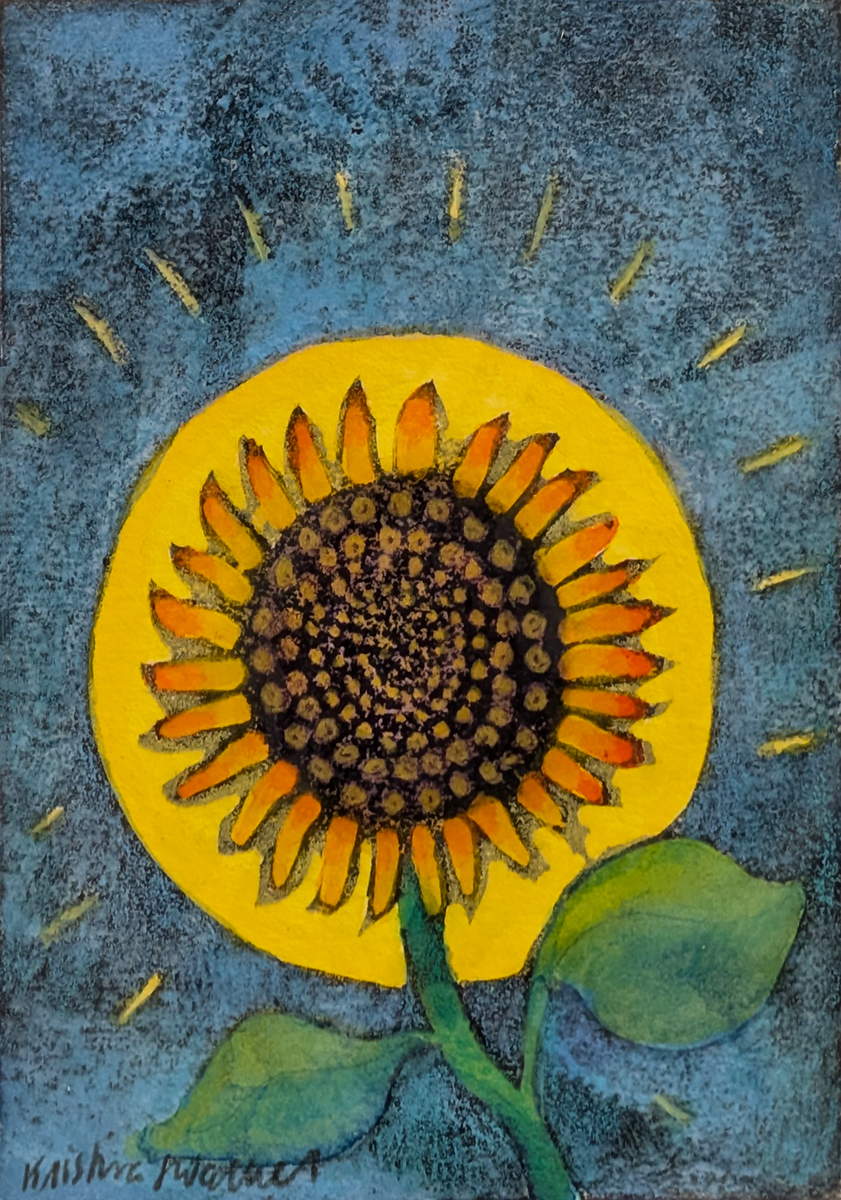 KRISTINA SWARNER - SUN AND SUNFLOWER - MIXED MEDIA ON PAPER - 4 X 5.25