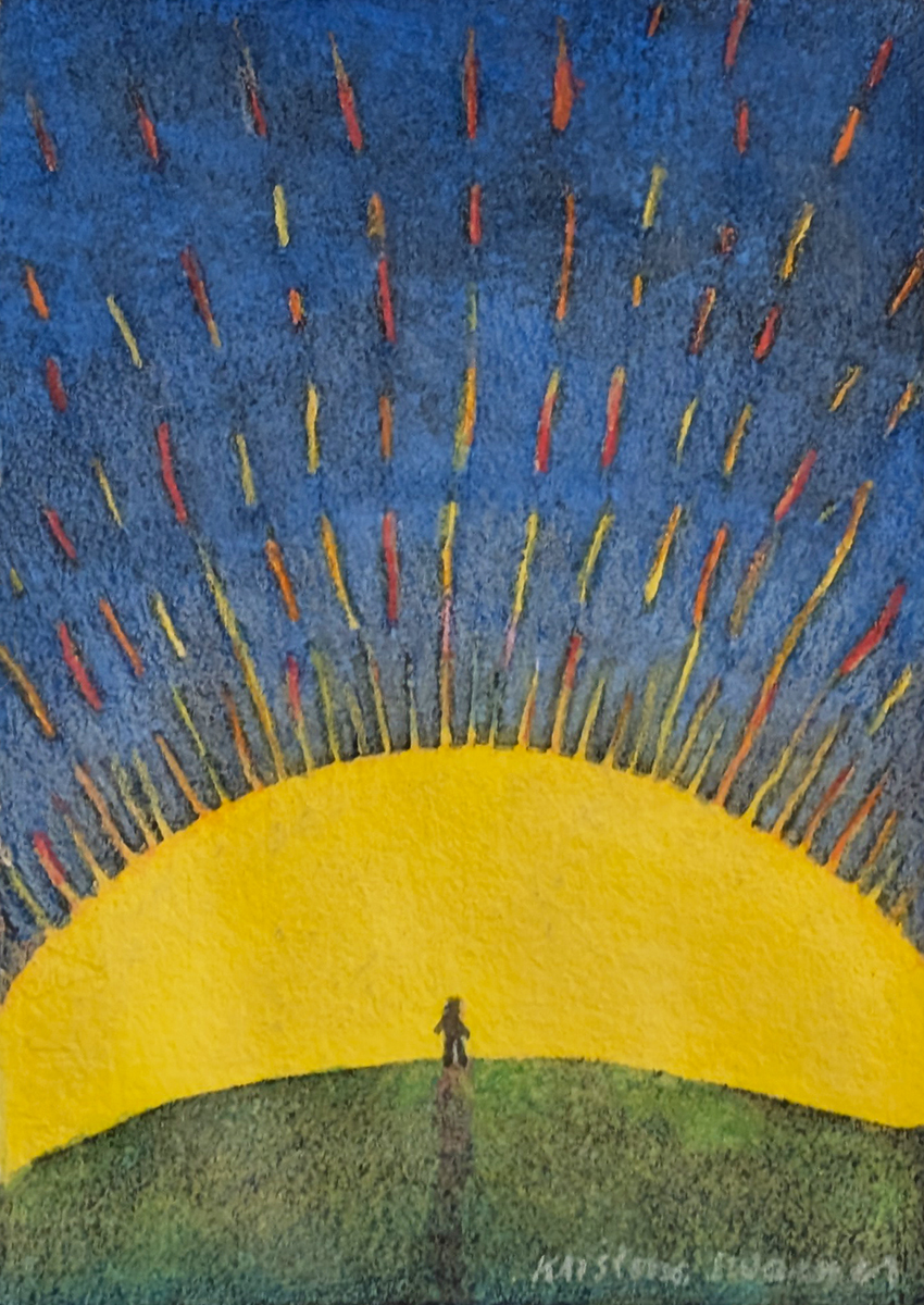 KRISTINA SWARNER - WALKING IN SUNRISE - MIXED MEDIA ON PAPER - 4 X 5.5