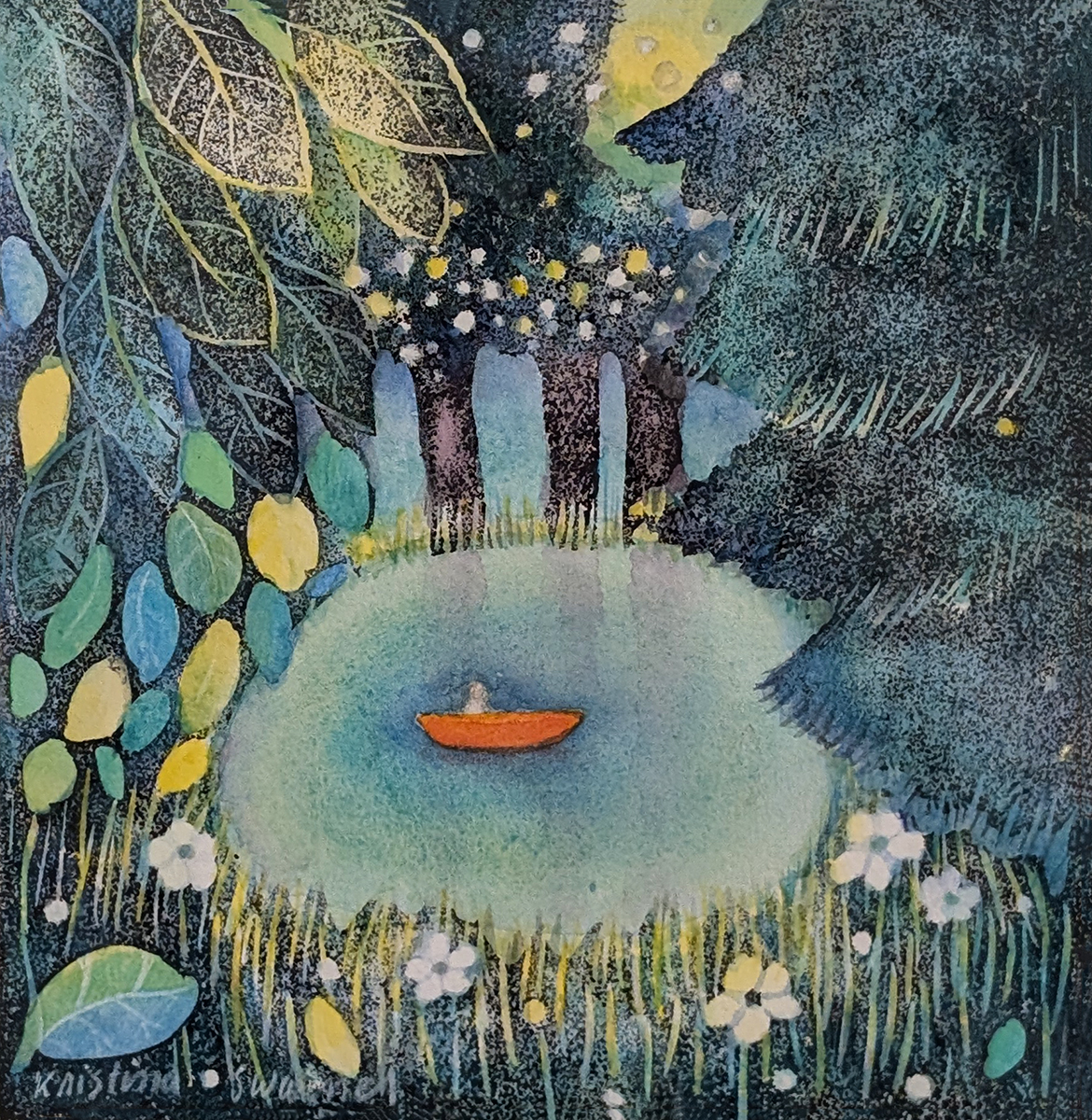 KRISTINA SWARNER - SMALL BOAT IN POND - MIXED MEDIA ON PAPER - 6.5 X 6.5