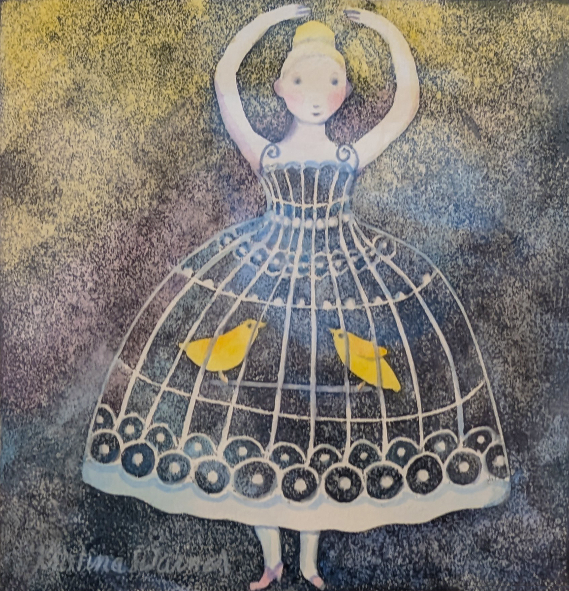 KRISTINA SWARNER - BIRDCAGE DRESS - MIXED MEDIA ON PAPER - 6.5 X 6.5