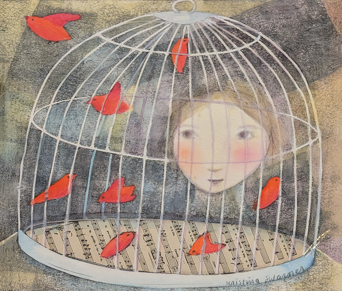 KRISTINA SWARNER - ESCAPED BIRD - MIXED MEDIA ON PAPER - 8 X 8