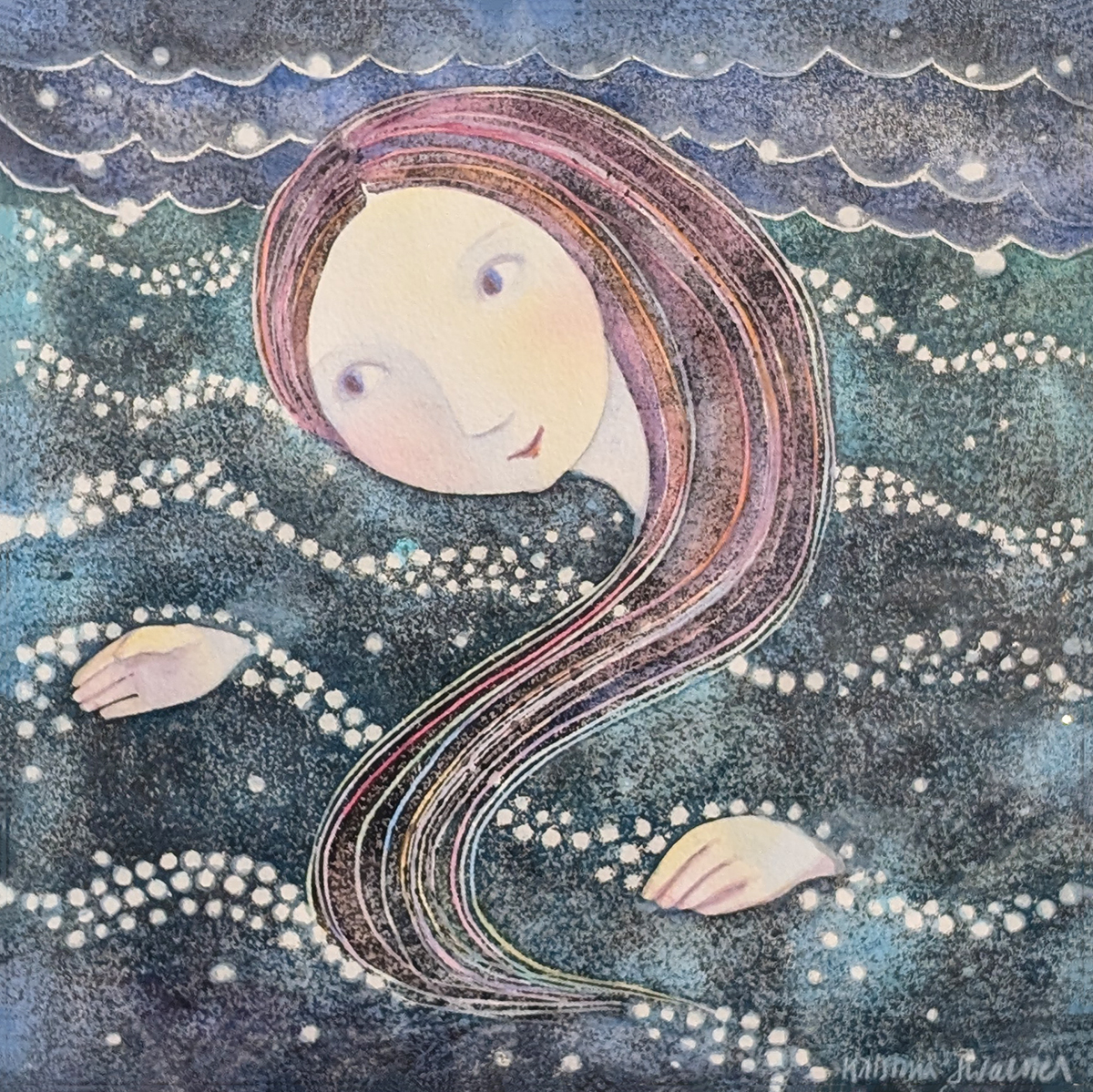 KRISTINA SWARNER - WOMAN SWIMMING - MIXED MEDIA ON PAPER - 8 X 8