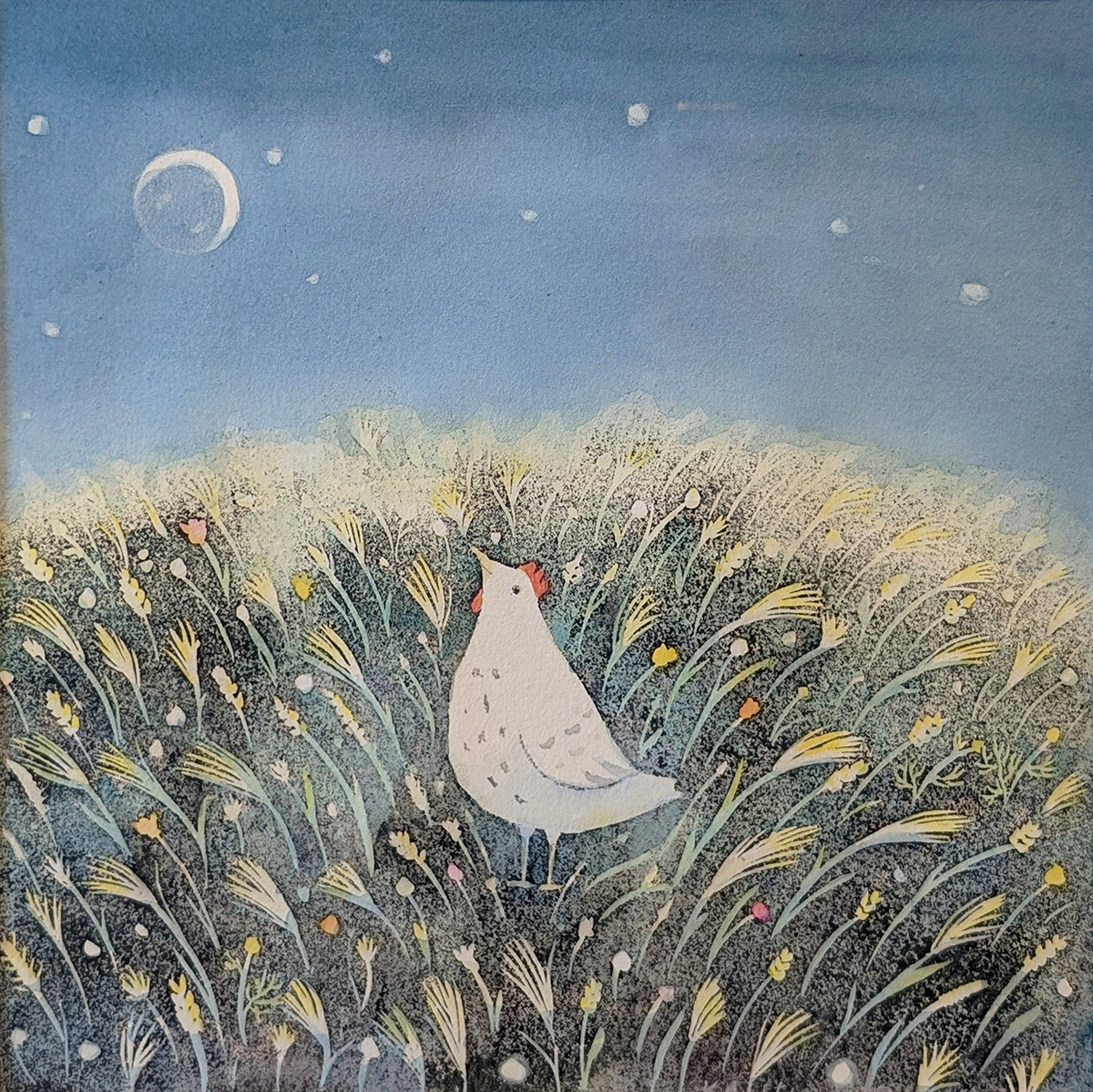 KRISTINA SWARNER - HEN IN FIELD - MIXED MEDIA ON PAPER - 9.25 X 9.5