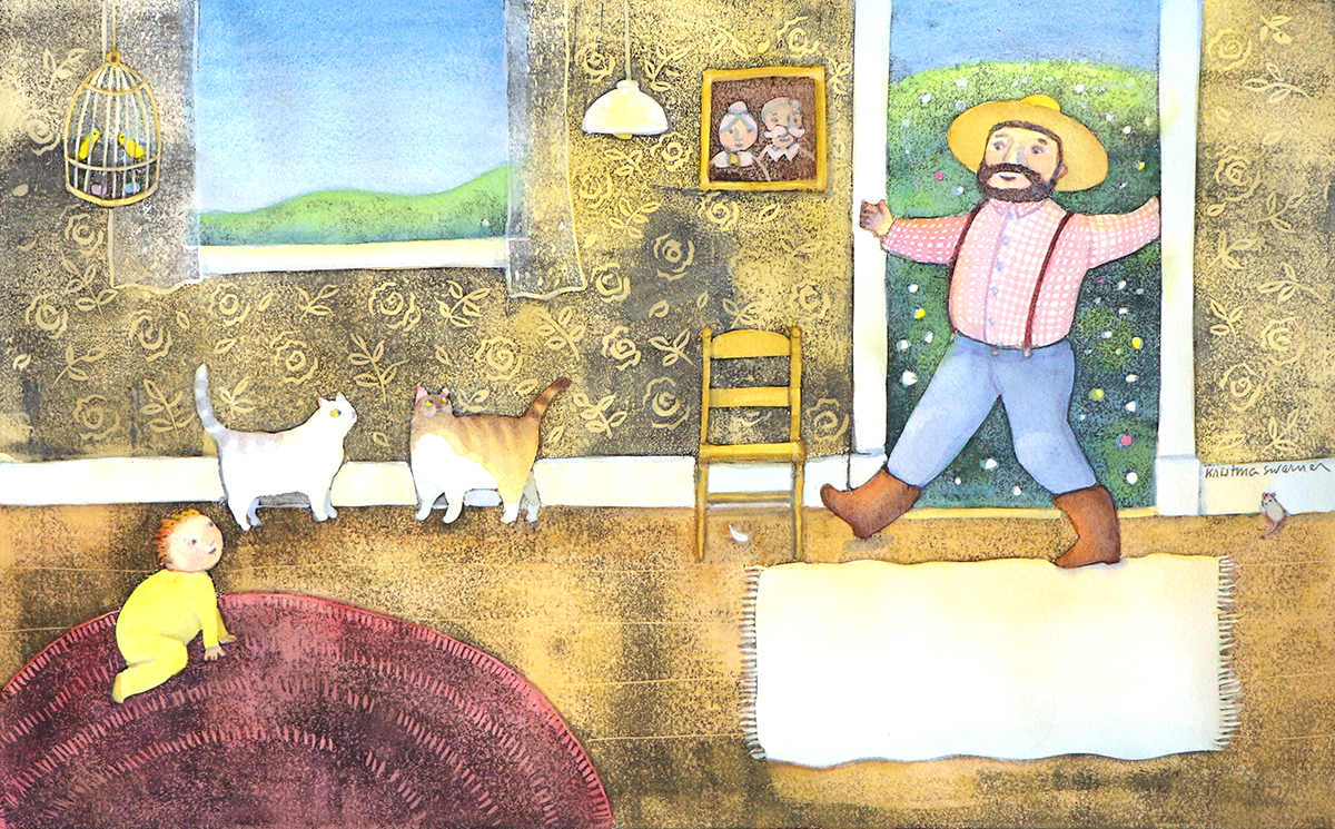 KRISTINA SWARNER - FARMER EARL WITH BABY - MIXED MEDIA ON PAPER - 20.25 x 13.75