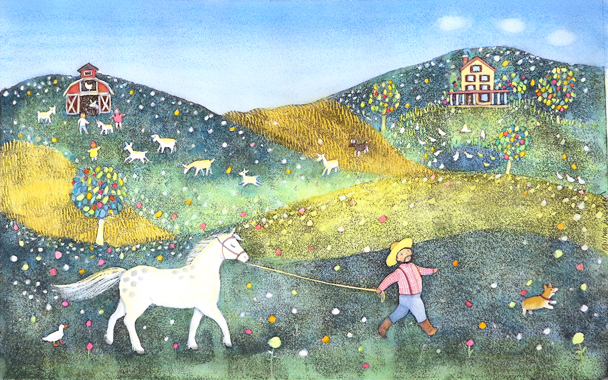 KRISTINA SWARNER - FARMER EARL & DUCK POND - MIXED MEDIA ON PAPER - 20 .25 x 13.75