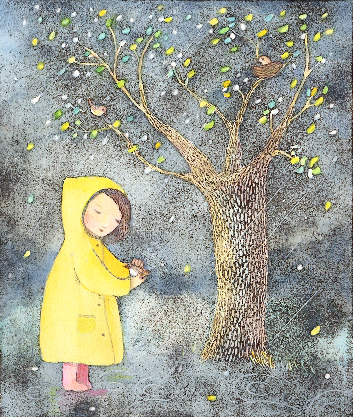 KRISTINA SWARNER - YELLOW RAINCOAT - MXED MEDIA ON PAPER - 11 X 15