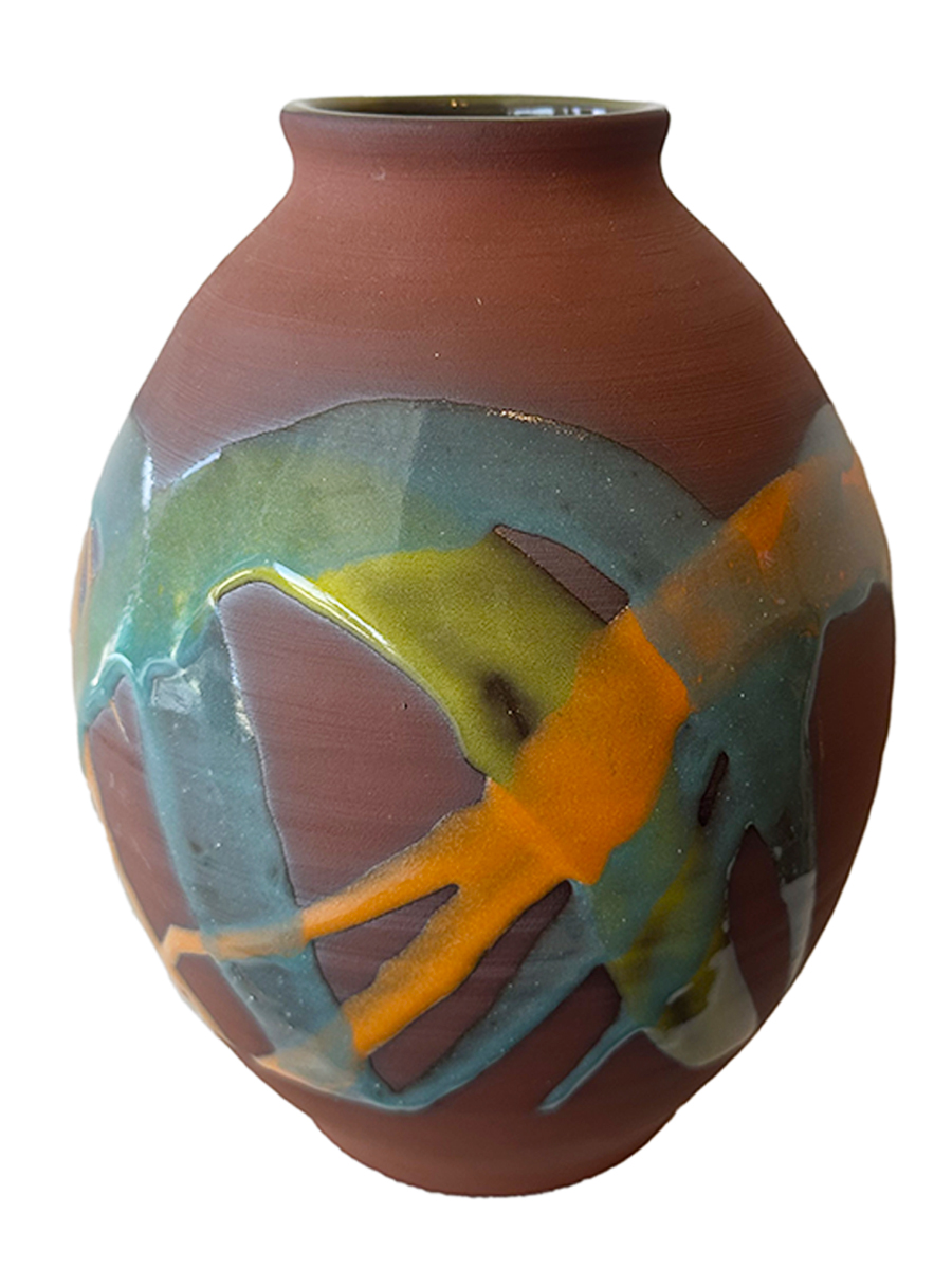 KENNY SMITH - ROUND VASE WITH GREEN, ORANGE, BLUE GLAZE - CERAMIC - 6.5 X 8.5 X 5