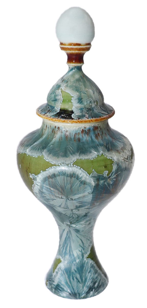 TANNER SAWITZ - GREEN / BLUE TALL CRYSTALLINE GLAZE JAR - CERAMIC - 2 X 6 X 2