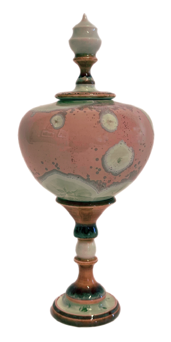 TANNER SAWITZ - GREEN BROWN CRYSTALLINE GLAZE JAR W/ LID - CERAMIC - 3 x 6.5 x 3