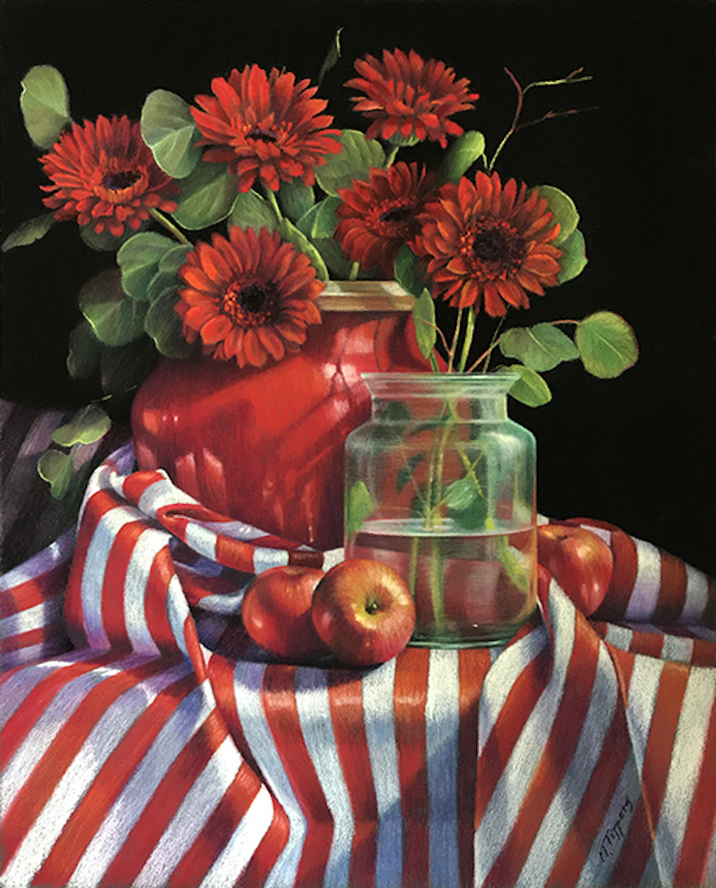 MARIE TIPPETS - RED GERBERAS AND STRIPES - PASTEL - 22 X 26