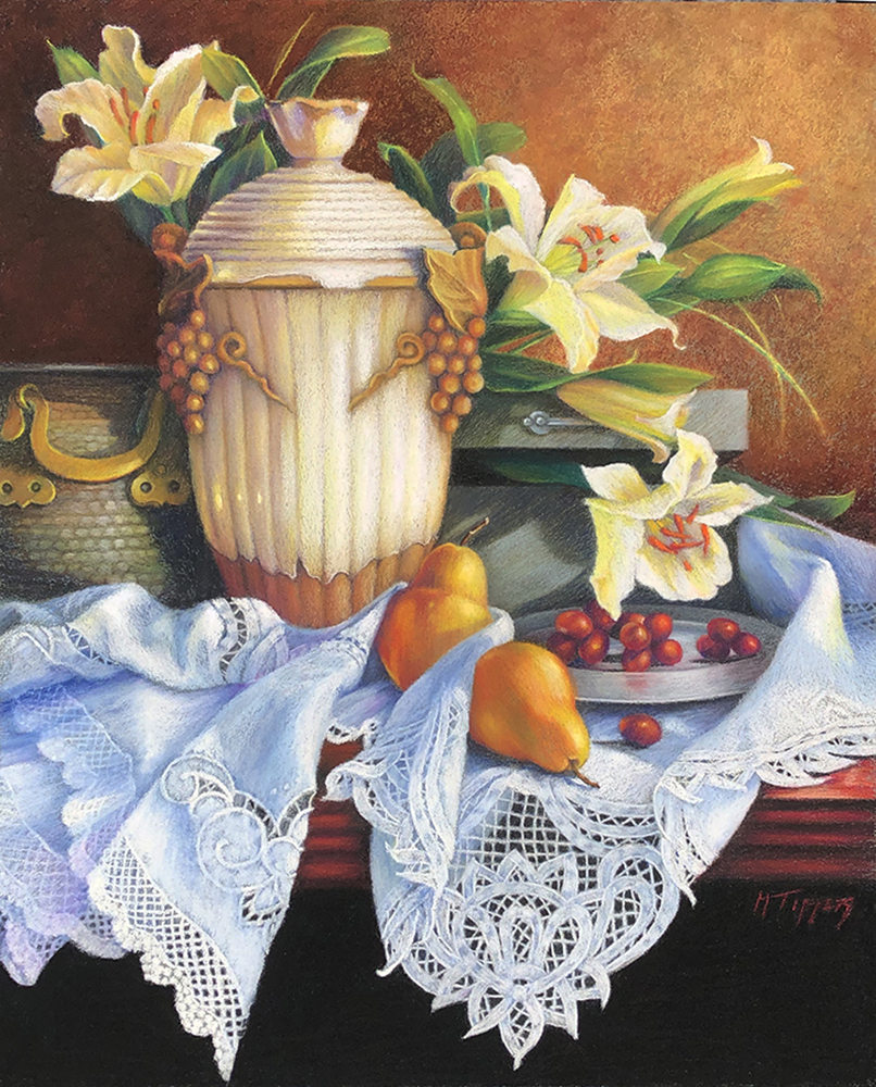 MARIE TIPPETS - LILIES AND PEARS - PASTEL ON BOARD - 16 X 20