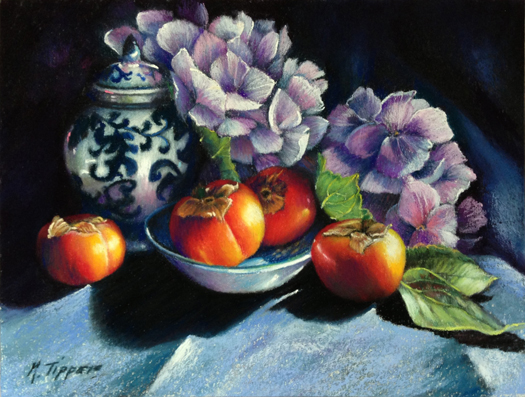 MARIE TIPPETS - BLUE HYDRANGEAS AND PERSIMMONS - PASTEL - 12 X 9