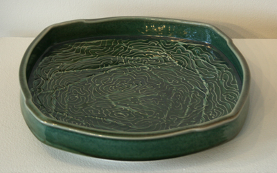 KAREN THAYER - BASIN, ORIBE (GREEN) SWIRLS - CERAMIC - 14 X 14 X 2.5