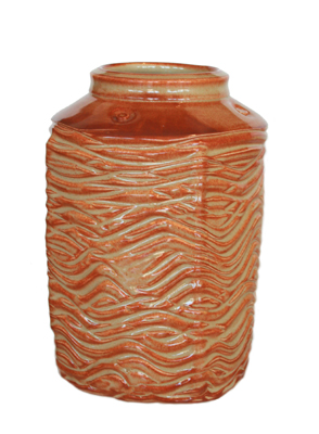 KAREN THAYER - BROWN CARVED VASE - CERAMIC - 6 X 8.5 X 6