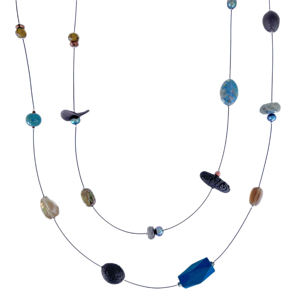 LILY TSAY - STONEWARE WITH TEAL WOOD & BRONZE NECKLACE - MIXED MEDIA
