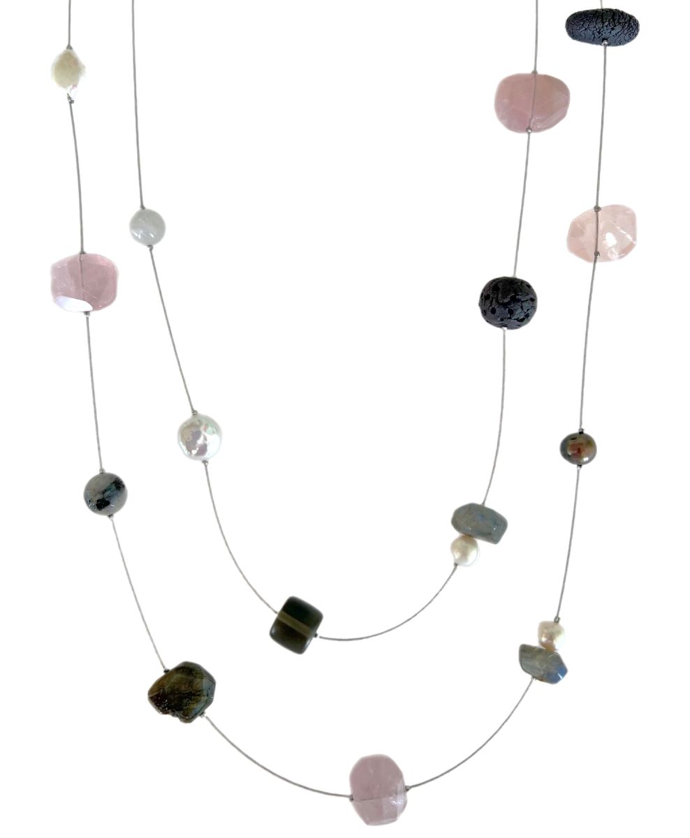 LILY TSAY - PINK QUARTZ WITH PEARL & STONE NECKLACE - MIXED MEDIA