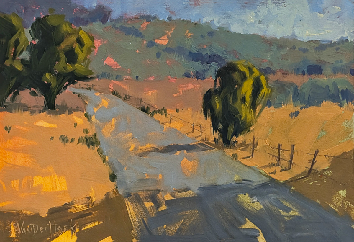 KIM VANDERHOEK - ROAD TO THE HILLS - OIL ON PAPER - 10.25 X 7.25