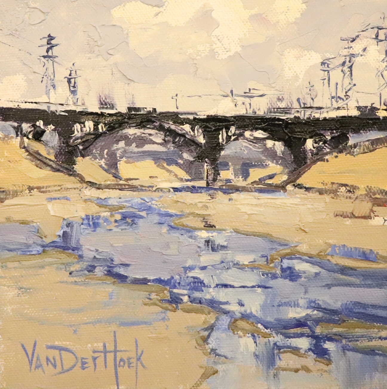 KIM VANDERHOEK - WATER UNDER THE BRIDGE - OIL ON BOARD - 6 X 6