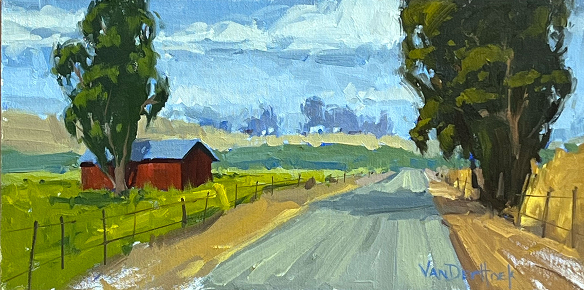 KIM VANDERHOEK - ROADSIDE RED - OIL ON BOARD - 16 x 8