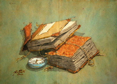 ALDO ASTOLFI - POCKET WATCH WITH BOOKS - WATERCOLOR - 18.5 X 13.5