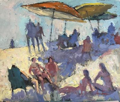 BERNIE ANDERSON - BEACH PARTY - OIL ON BOARD - 24 x 20