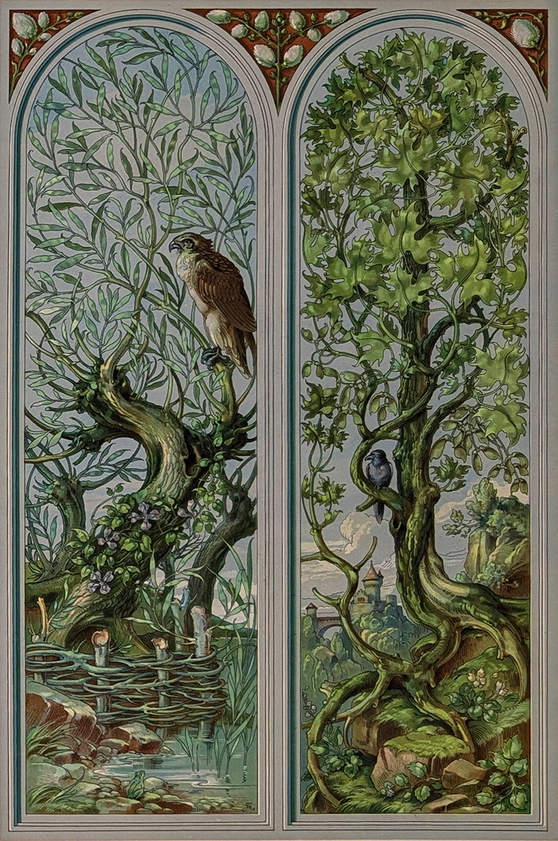 ANTIQUE ART - TREES WITH HAWK - LITHOGRAPH - 10.5 X 15.75