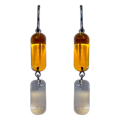 KRISTA BERMEO - DOUBLE BAR DANGLES  AMBER & GRAY W/ STERLING EAR HOOKS - GLASS