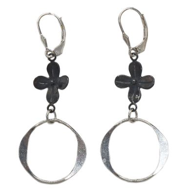 MICHELENE BERKEY - STERLING LOOP EARRINGS WI/ OXIDIZED SILVER FLOWERS - STERLING SILVER