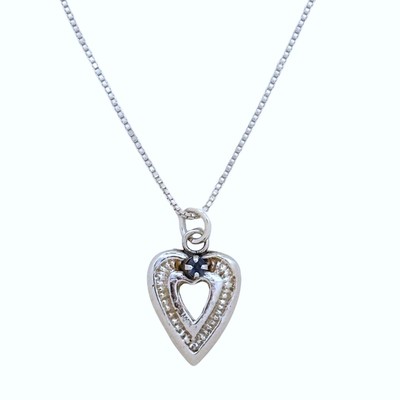 MICHELENE BERKEY - ANTIQUE SILVER HEART W/ SAPPHIRE NECKLACE - STERLING & GEMSTONE