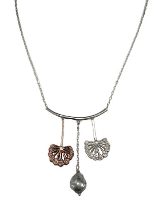 HOURI BORJIAN - SILVER & BRONZE DANDELION NECKLACE W/ FRESH WATER PEARL - MIXED MEDIA