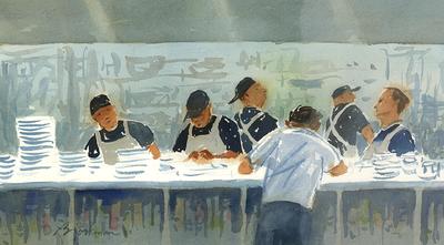STEVE BJORKMAN - TRUE FOODS, FRIDAY NIGHT - WATERCOLOR - 20 x 11