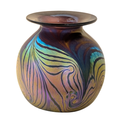 JON AND SHERI BUSH -  WARM TONE IRIDESCENT FUME VASE - GLASS - 5 X 4.75 X 4.75