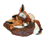 MARIA COUNTS - PERSON DRESSED AS FOX SLEEPING WITH 2 OTHER FOXES - CERAMIC - 12 X 7 X 11