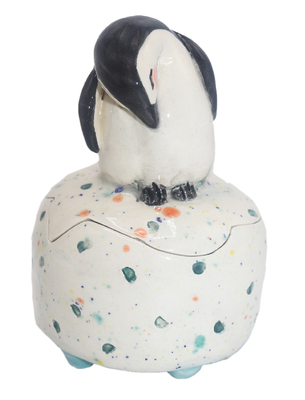 MARIA COUNTS - LIDDED BOWL WITH PENGUIN - CERAMIC - 2.75 x 4.5 x 2.75