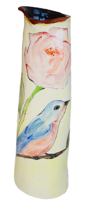 MARIA COUNTS - LIGHT YELLOW VASE W/ BLUEBIRD - CERAMIC - 3.25 x 10.5 x 3