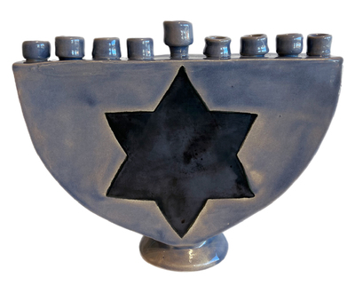 MARIA COUNTS - BLUE/GREY MENORAH - CERAMIC - 10 x 8.25 x 3.5