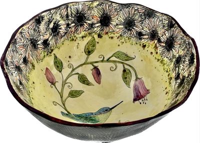 MARIA COUNTS - BIRD & FLOWER BOWL - CERAMIC - 13 X 13 X 7.5