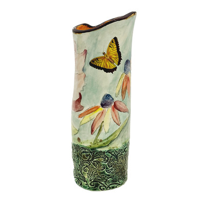 MARIA COUNTS - FLOWER AND BUTTERFLY VASE - CERAMIC - 3 X 9 X 3