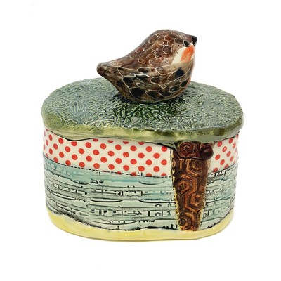 MARIA COUNTS - LIDDED POLKA DOT BIRD BOX - CERAMIC - 5.5 X 5.5 X 3.5