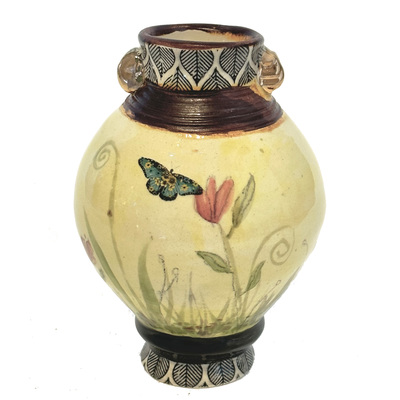 MARIA COUNTS - YELLOW VASE W/ BUTTERFLY - CERAMIC - 4 X 4 X 5.25