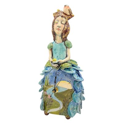 MARIA COUNTS - WOMAN WITH EGG & BIRD NEST HAT CLOCK - CERAMIC